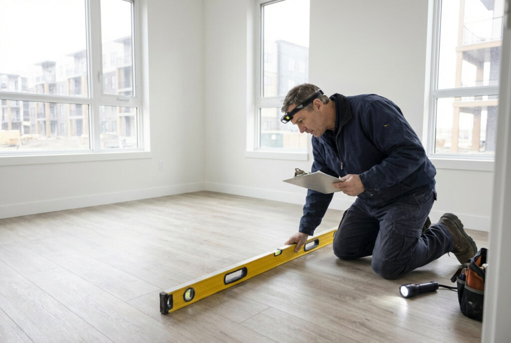 Stavební inspektor s vodováhou kontroluje křivost podlah v prázdné novostavbě. Pečlivá kontrola během přejímky je to nejdůležitější, na co si dát pozor při koupi bytu od developera.