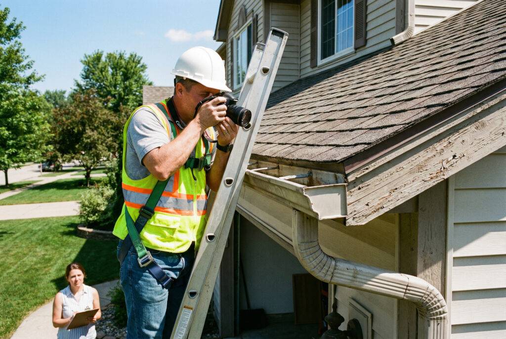 Odborník na žebříku kontroluje stav střešní krytiny a okapů. Komplexní inspekce nemovitosti musí zahrnovat i prověření venkovní statiky rodinného domu.